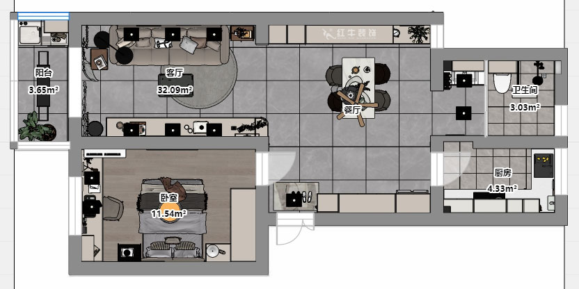 魏明花｜卫桥新村17-502-70㎡-现代简约风格｜1室2厅1卫｜二手房装修｜定制家｜全包9万｜00_03平面彩图